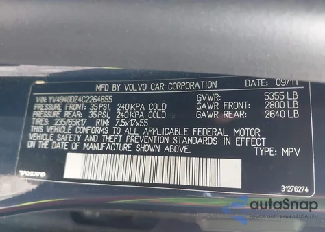 2012 Volvo Xc60 3.2 Premier from USA, damaged, VIN YV4940DZ4C2264655